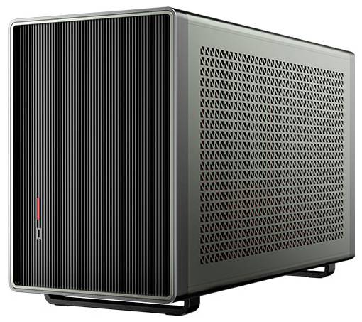 Ein silbernes Computergehäuse mit perforierter Seitenwand zur Belüftung und schlichten schwarzen Linien auf der Vorderseite.