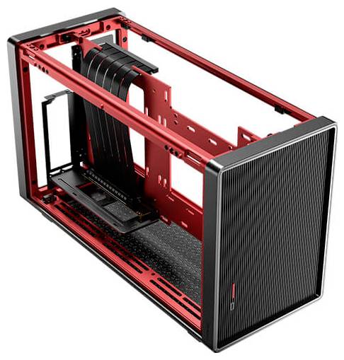 Roter, offener PC-Gehäuserahmen mit schwarzer Front und vertikalem GPU-Halter, geeignet für kompakte Computerbauprojekte.