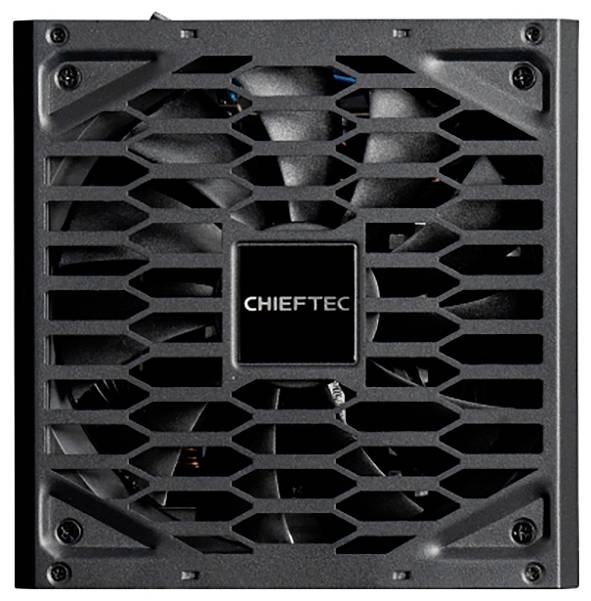 'Chieftec PC-Netzteil mit Lüftergitter und Sicht auf den Lüfter im Inneren, bietet Kühlung und Stromversorgung für Computer.'