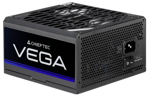 Netzteil der Marke Chieftec mit Modellname 'VEGA', schwarzes Design, Lüftungsgitter oben, Anschluss und Schalter seitlich.