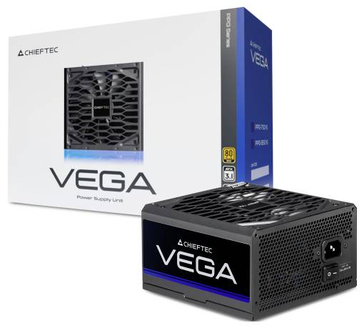 Netzteil 'Chieftec Vega' vor Verpackung gezeigt, mit markantem Lüftergitter und 80 Plus Gold-Zertifizierung.