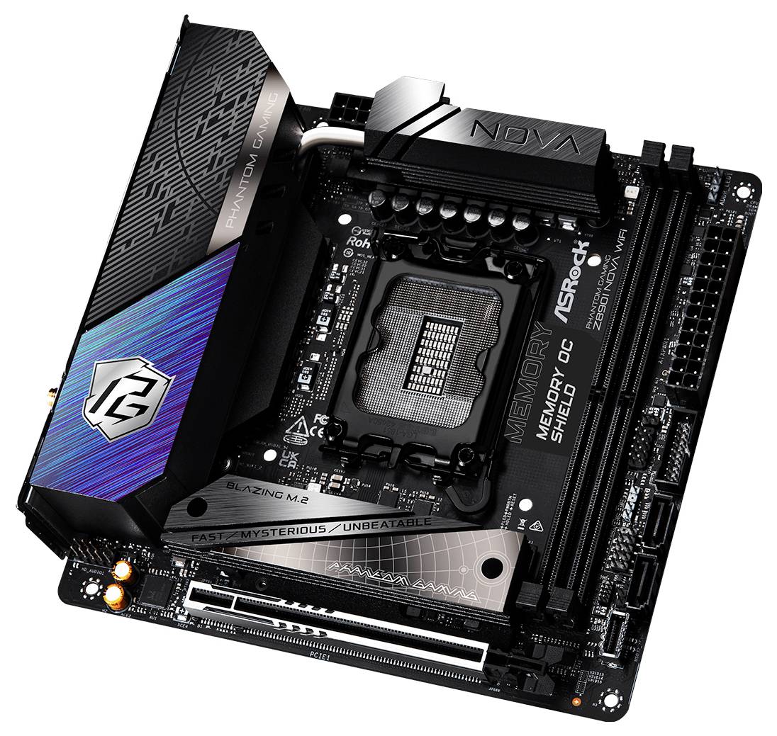 Eine schwarze ASRock-Motherboard-Platine mit Kühlkörpern und einem NVMe-Slot. Sie enthält mehrere Anschlüsse und RGB-Beleuchtung.