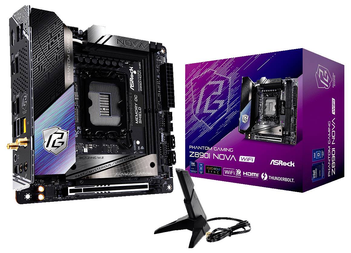 'ASRock Z890I NOVA' Mini-ITX-Motherboard mit Wi-Fi und Thunderbolt-Unterstützung neben der Produktverpackung, die ähnliche Designs zeigt.