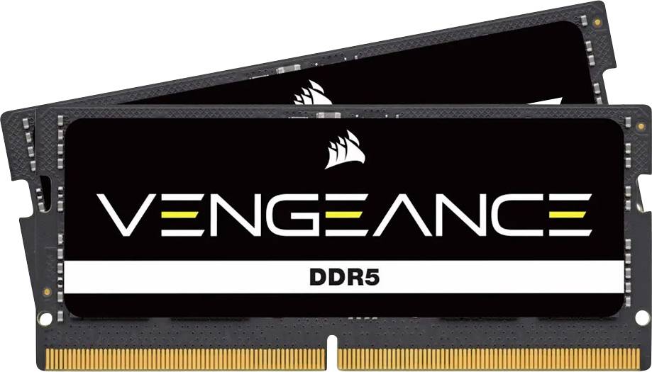Zwei DDR5-RAM-Module der Marke 'Vengeance', schwarz mit gelber und weißer Schrift, für Hochleistungsspeicher in Computern.