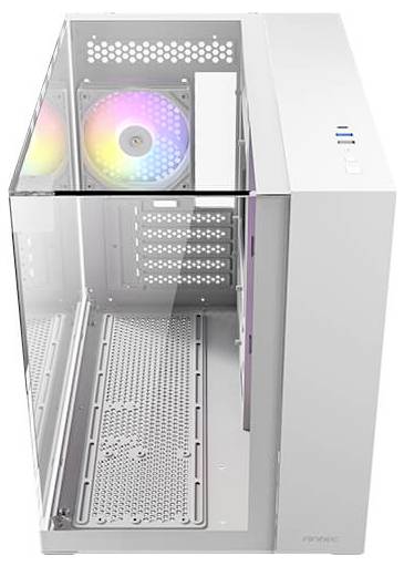 Weißes PC-Gehäuse mit transparentem Seitenteil, RGB-Lüfter, USB-Anschlüsse oben. Klarer Innenraum für Hardware-Installation.