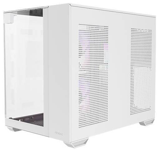 Ein weißes, rechteckiges Computergehäuse mit einem gläsernen Seitenpanel und perforierten Lüftungslöchern zur Belüftung.