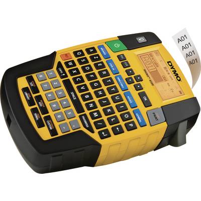 Ein tragbares Beschriftungsgerät mit QWERTZ-Tastatur und Display druckt ein Etikett mit der Aufschrift 'A01'.