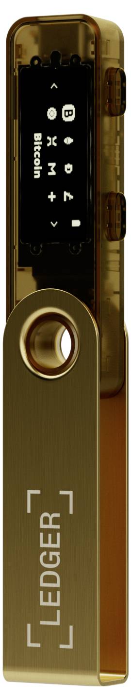 Ein goldener Hardware-Wallet mit Display, auf dem 'Bitcoin' angezeigt wird. Geeignet zur sicheren Speicherung von Kryptowährungen.