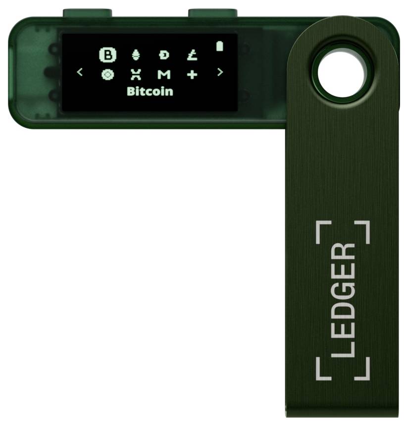 Ein Ledger-Hardware-Wallet zeigt auf einem Display das Bitcoin-Symbol an. Es hat ein rechteckiges, klappbares Design.