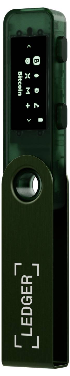 Ein grünes Hardware-Wallet 'Ledger' mit Display, zeigt Symbole und das Wort 'Bitcoin'. Gerät dient zur sicheren Verwaltung von Kryptowährungen.