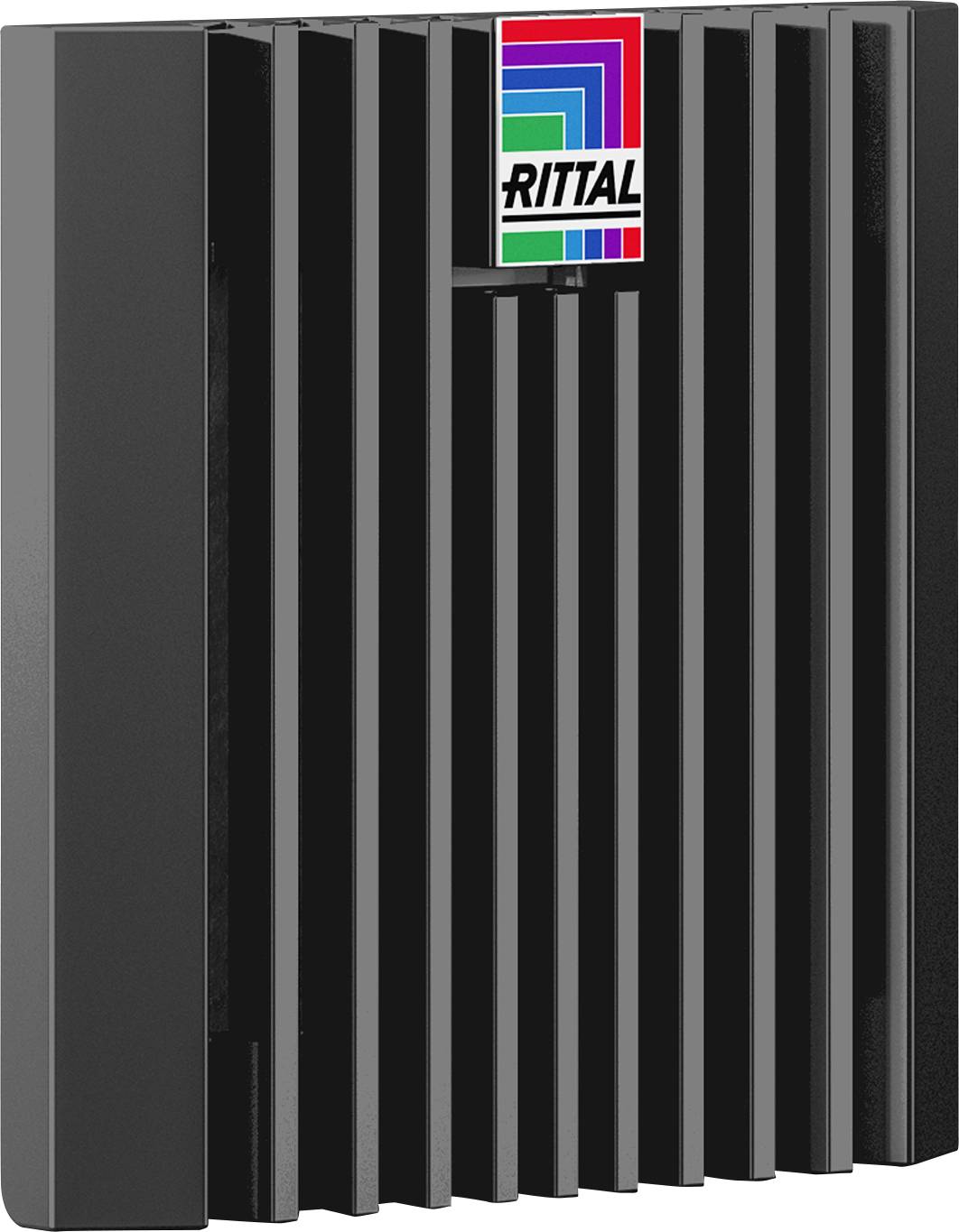 Schwarzes Kühlgerät von Rittal mit vertikalen Lamellen, geeignet für industrielle Anwendungen zur Wärmeregulierung.