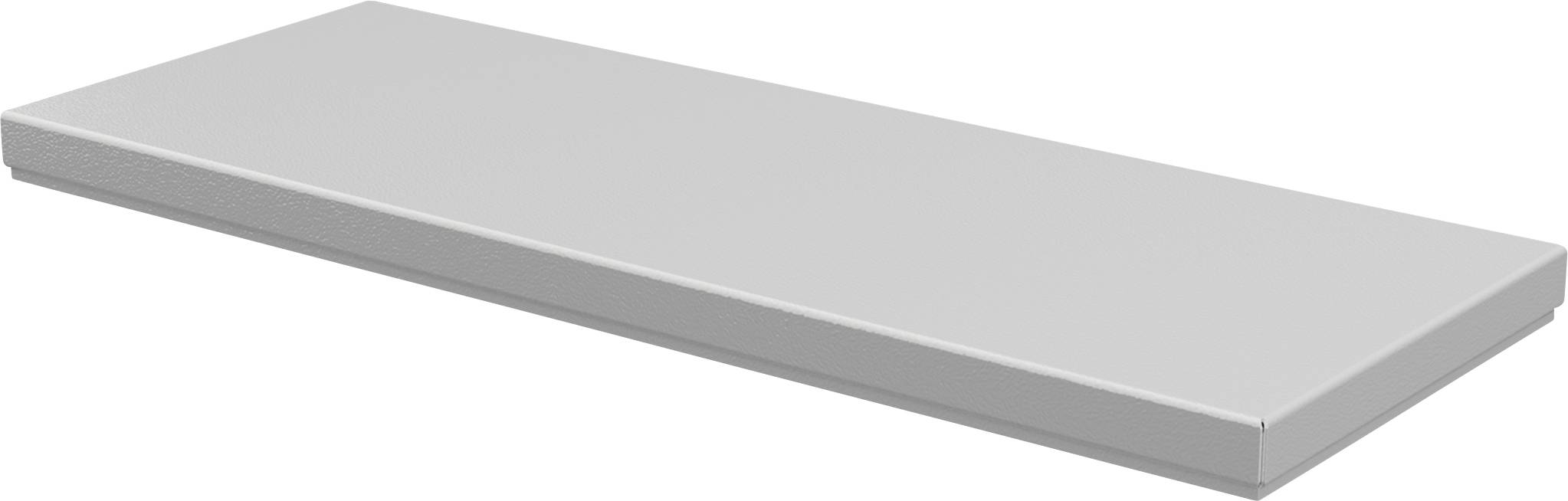 Ein rechteckiges, silbergraues Metallregalbrett mit glatter Oberfläche, geeignet für die Montage in einem Regalsystem.