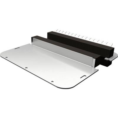 Metallrahmen mit angeschrägten Kanten und schwarzen Kunststoffkomponenten. Könnte Teil einer mechanischen oder technischen Vorrichtung sein.
