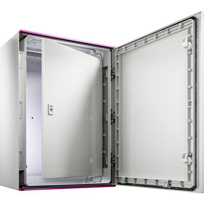 Ein offener, leerer Schrank mit grauen Innenwänden und pinkfarbenen Akzenten an den Kanten. Türen sind vollständig geöffnet.