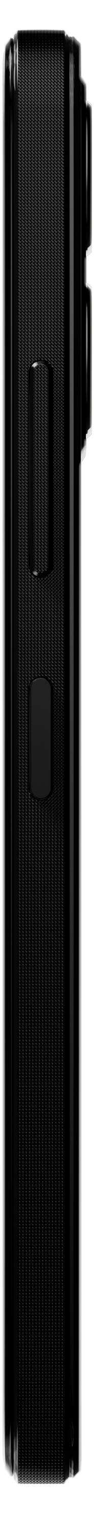 Ein seitliches Profil eines modernen Smartphones in Schwarz, das zwei seitliche Tasten zeigt.