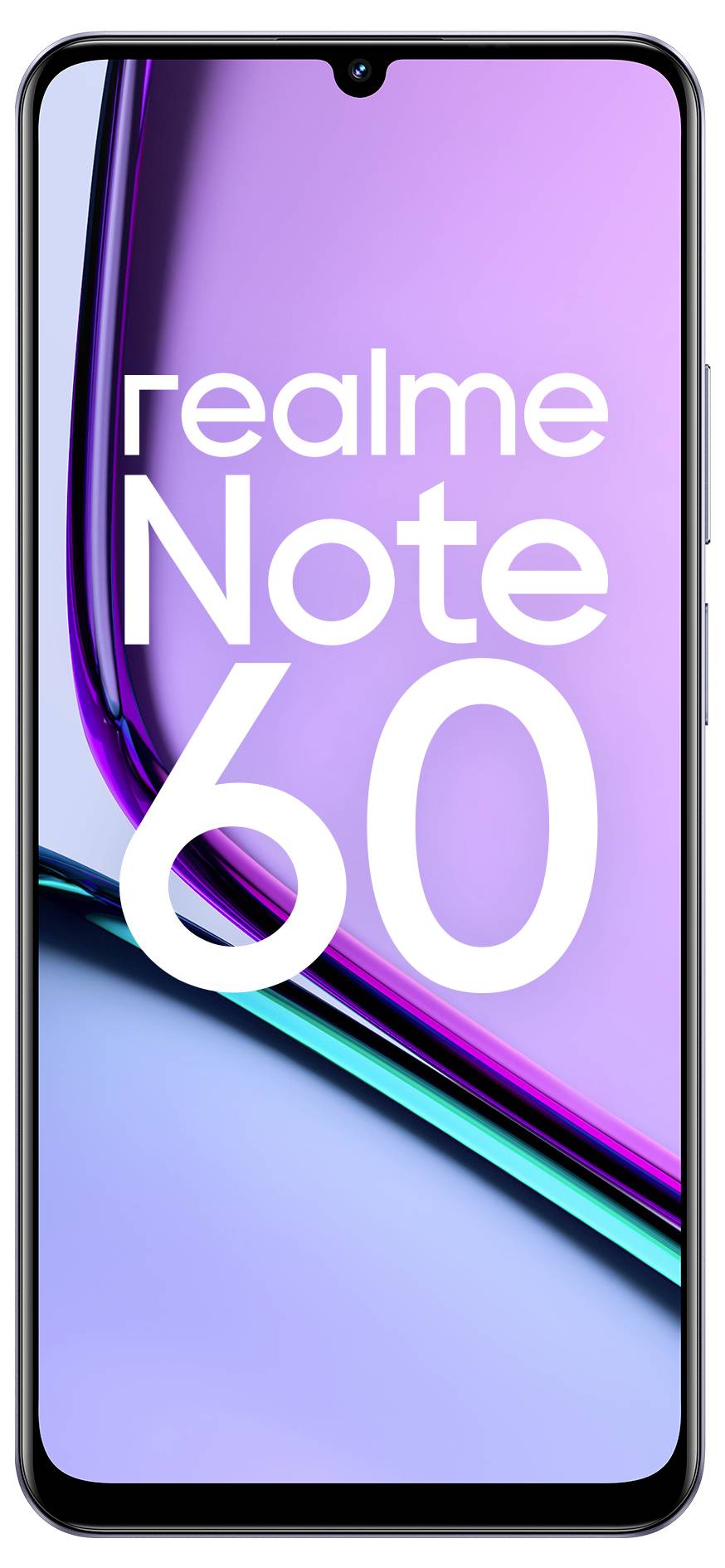 Smartphone mit violettem Hintergrund und weißem Text 'realme Note 60' auf dem Bildschirm, ohne weitere Details oder Logos.