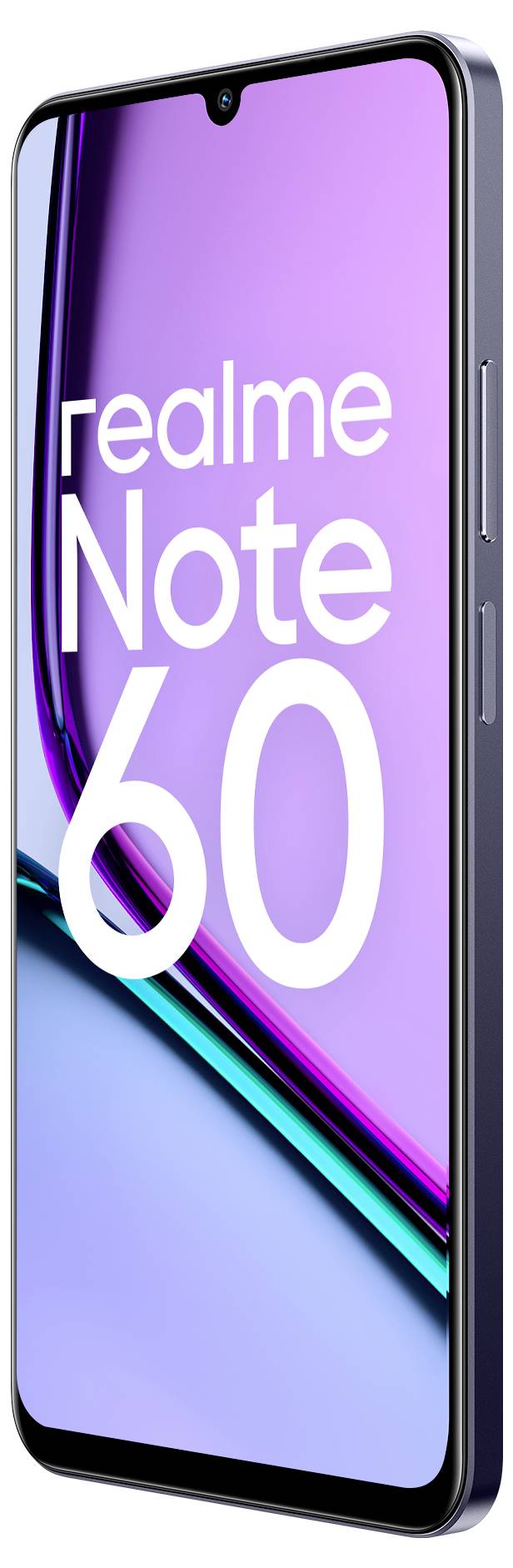 Smartphone mit der Aufschrift 'realme Note 60' auf dem Bildschirm, Vorderansicht mit schmalem Rahmen, Farbverlauf von Lila zu Blau.