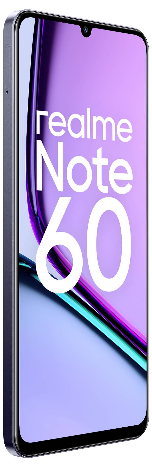Smartphone 'Realme Note 60' vor lila und blauem Hintergrund, mit großem Display und dünnem Gehäuserand in seitlicher Ansicht.