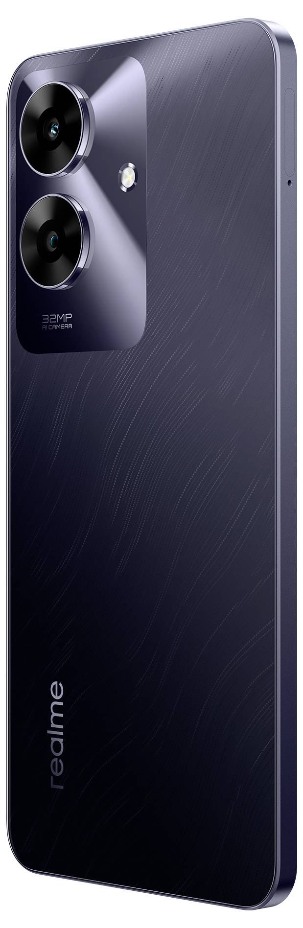 Ein modernes Smartphone mit zwei Kameralinsen und einem Blitz auf der Rückseite. Das Gehäuse ist dunkel und hat ein minimalistisches Design.