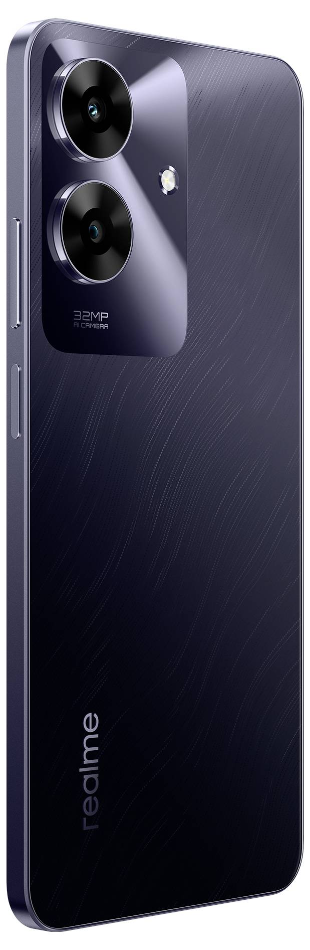 Ein Smartphone mit zwei großen Kameralinsen und einem Blitz auf der Rückseite. Das Design ist dunkel und elegant.