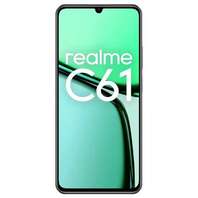 Smartphone mit Vorderseite eines blauen und grünen Hintergrundes und der Aufschrift 'realme C61' mittig auf dem Display.