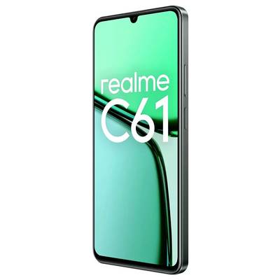 Das Bild zeigt ein Smartphone-Modell 'realme C61' in Grün. Es ist von der Vorderseite mit eingeschaltetem Bildschirm sichtbar.