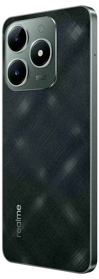 Ein Smartphone mit drei Kameralinsen und der Aufschrift 'realme' auf der Rückseite. Das Gehäuse hat ein dunkles, mattes Design.