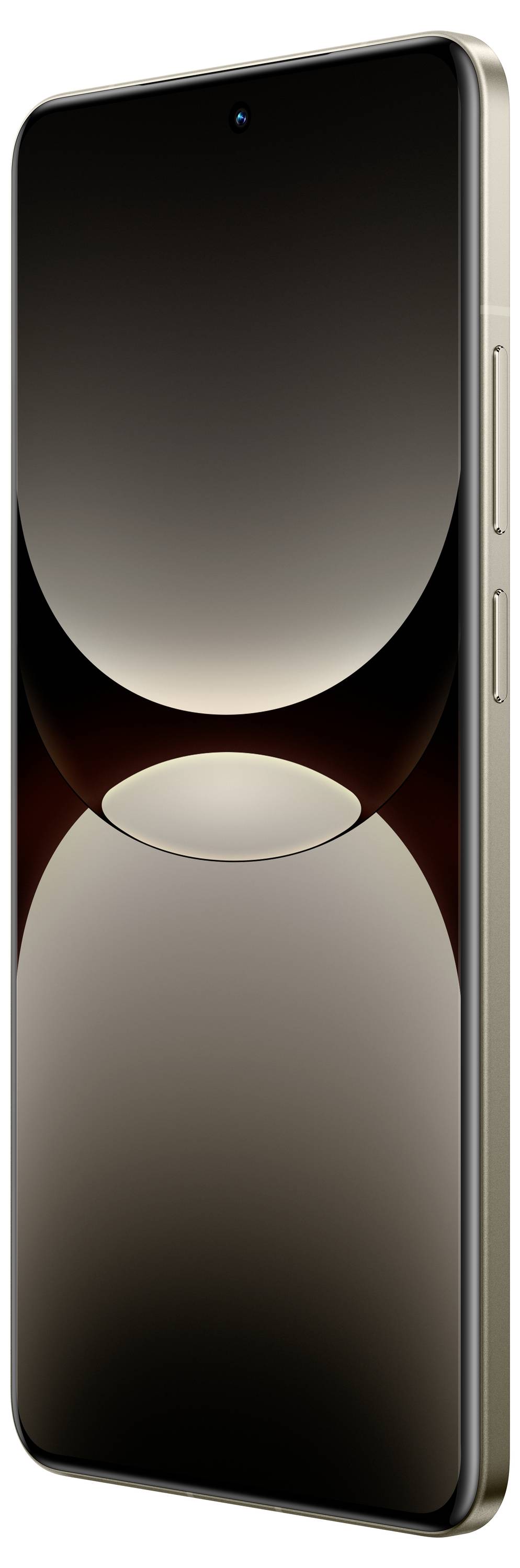 Ein modernes Smartphone mit gebogenem Bildschirm zeigt ein abstraktes Schwarz-Weiß-Muster auf dem Display. Es sind seitliche Tasten sichtbar.