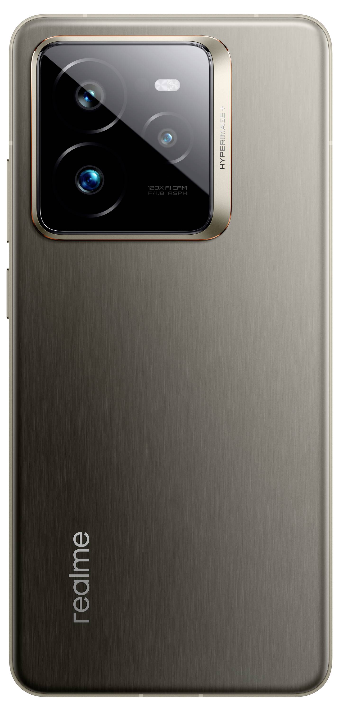 Smartphone-Rückseite mit Kameraeinheit oben links, darunter das 'realme'-Logo. Die Oberfläche ist goldfarben und metallisch.