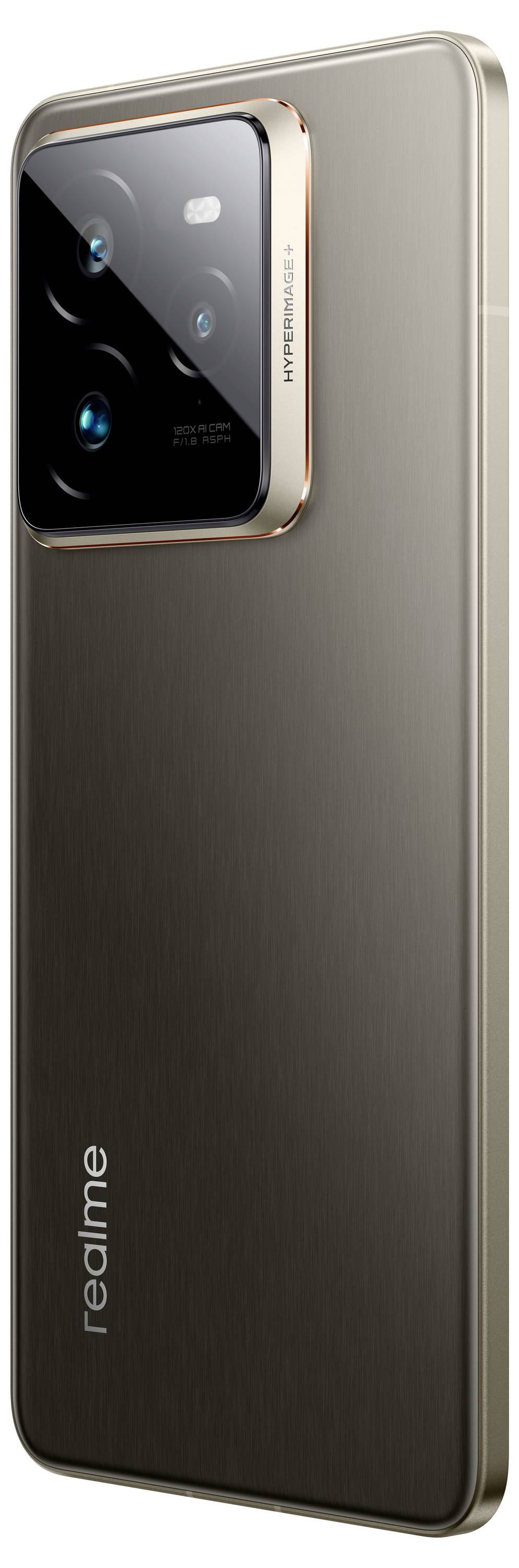 Smartphone von Realme mit großem Kameramodul auf der Rückseite, anthrazitfarbenes Gehäuse mit goldfarbenem Akzent um das Kameramodul.