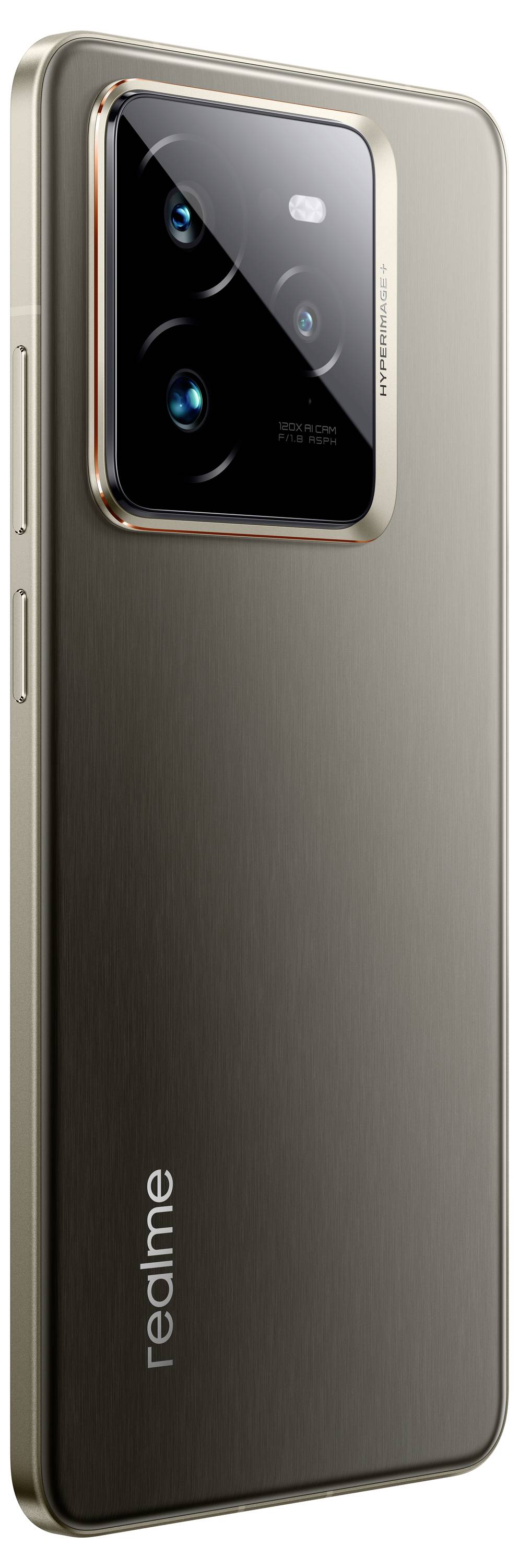 Ein modernes Smartphone mit glänzendem Gehäuse und großem Kameramodul auf der Rückseite, markiert mit 'realme'.