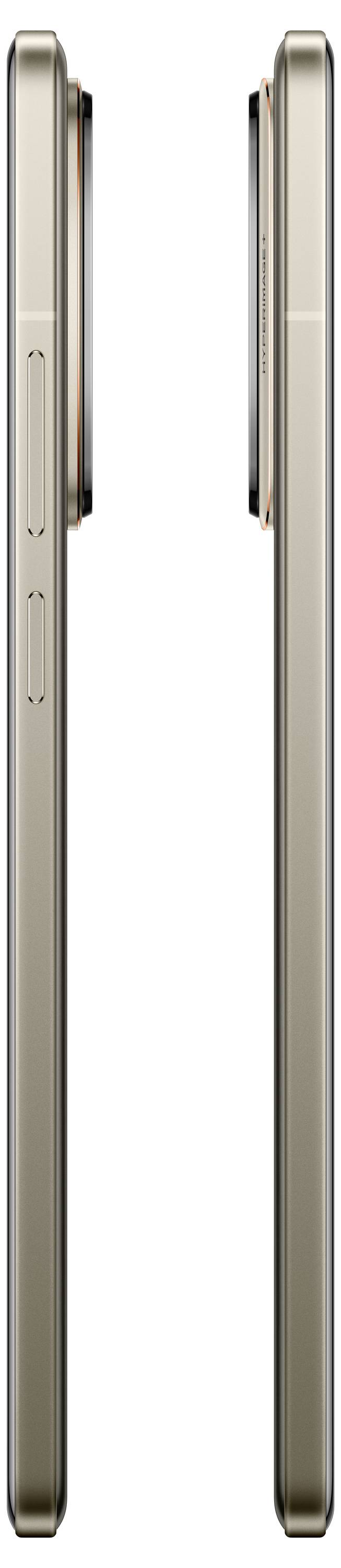 Zwei Smartphones im Profilansicht, goldene Farbe, zeigen dünnes Design. Links sind Knöpfe sichtbar.