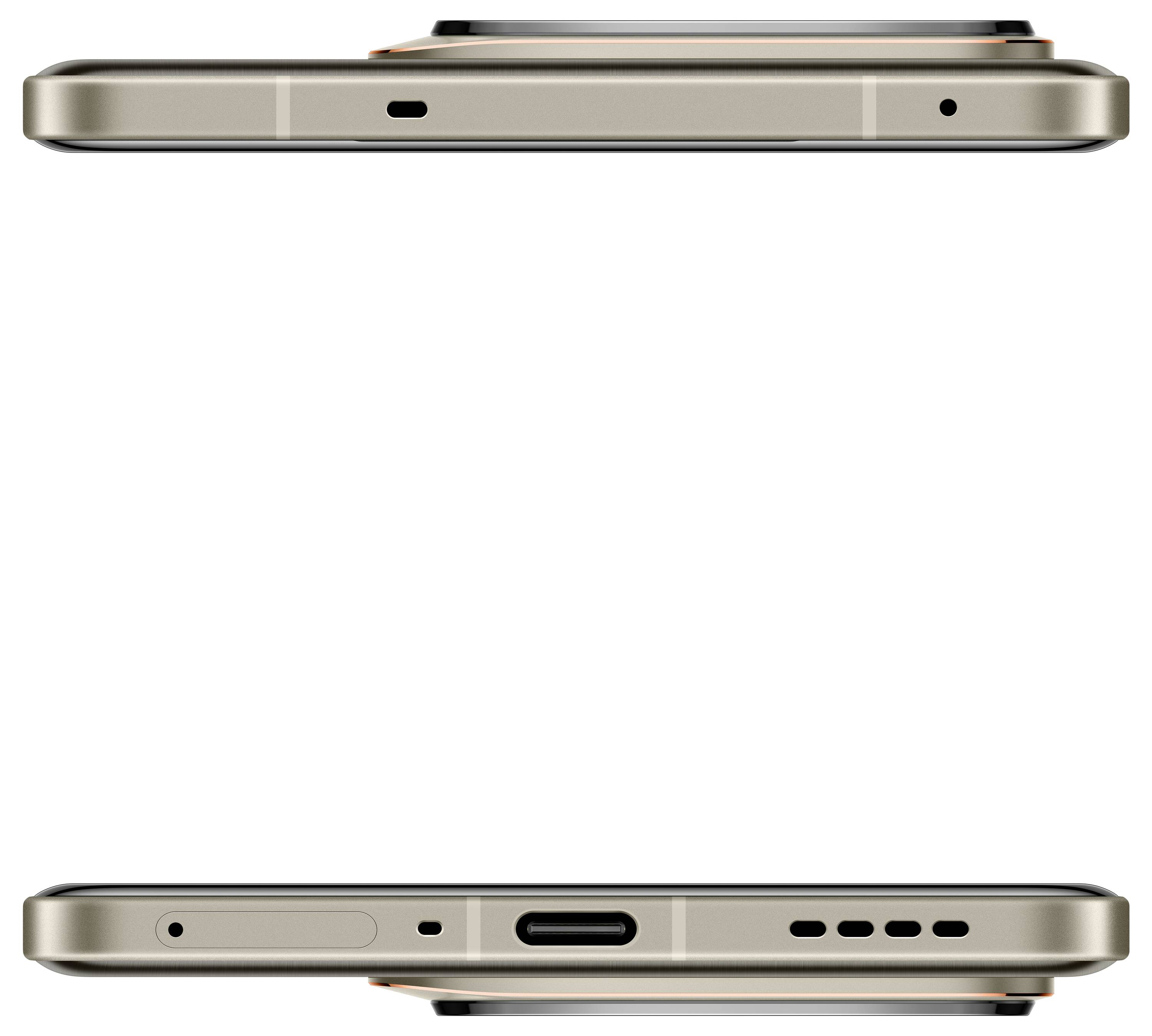 Smartphone in Seitenansicht: Oben Lautstärkewippe und Kamera, unten USB-C-Anschluss, Lautsprecher und SIM-Karten-Schacht.