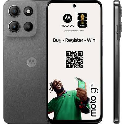 „Motorola Official Smartphone Partner FIFA World Cup" mit dem Text „Kaufen - Registrieren - Gewinnen". Das Bild zeigt einen Mann, der ein Telefon hält, neben dem Motorola Moto G15.