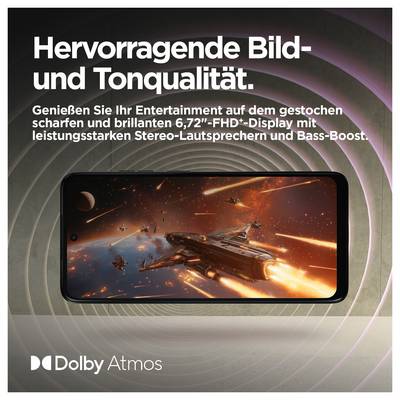 'Smartphone mit Dolby Atmos, zeigt Weltraumspiel mit Schiffen und Explosionen auf 6,72"-FHD+-Display. Text oben: Hervorragende Bild- und Tonqualität.'