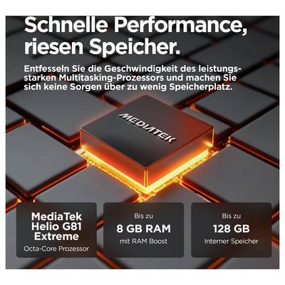 Eine leuchtende MediaTek-Chip auf Raster; Text betont Leistung, Multitasking mit MediaTek Helio G81 Extreme, bis zu 8 GB RAM, 128 GB Speicher.