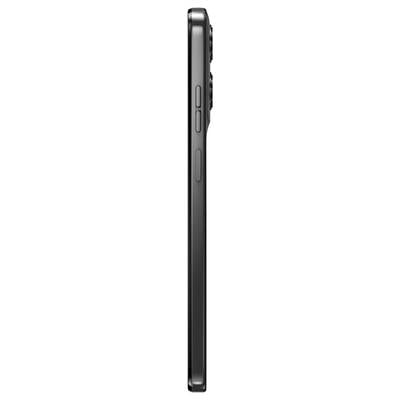 Seitenansicht eines eleganten schwarzen Smartphones, das Lautstärke- und Ein-/Ausschalter zeigt, mit einem hervorstehenden Kameramodul auf der Rückseite.