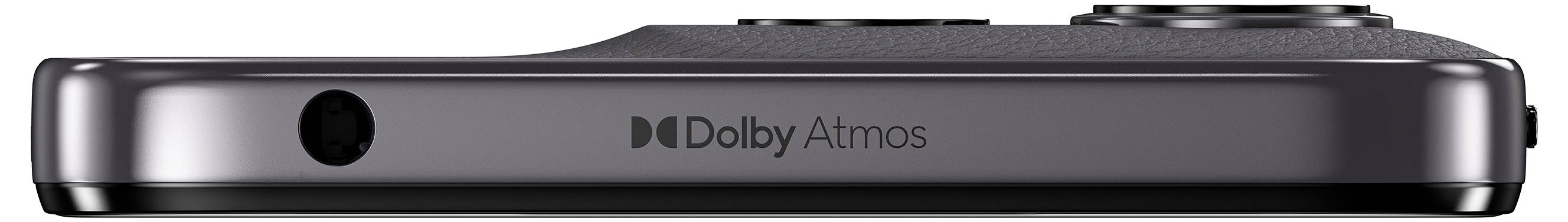 Seitenansicht eines violetten Smartphones mit „Dolby Atmos"-Branding und einem kleinen Audioloch, das auf verbesserte Audiofunktionen hindeutet.