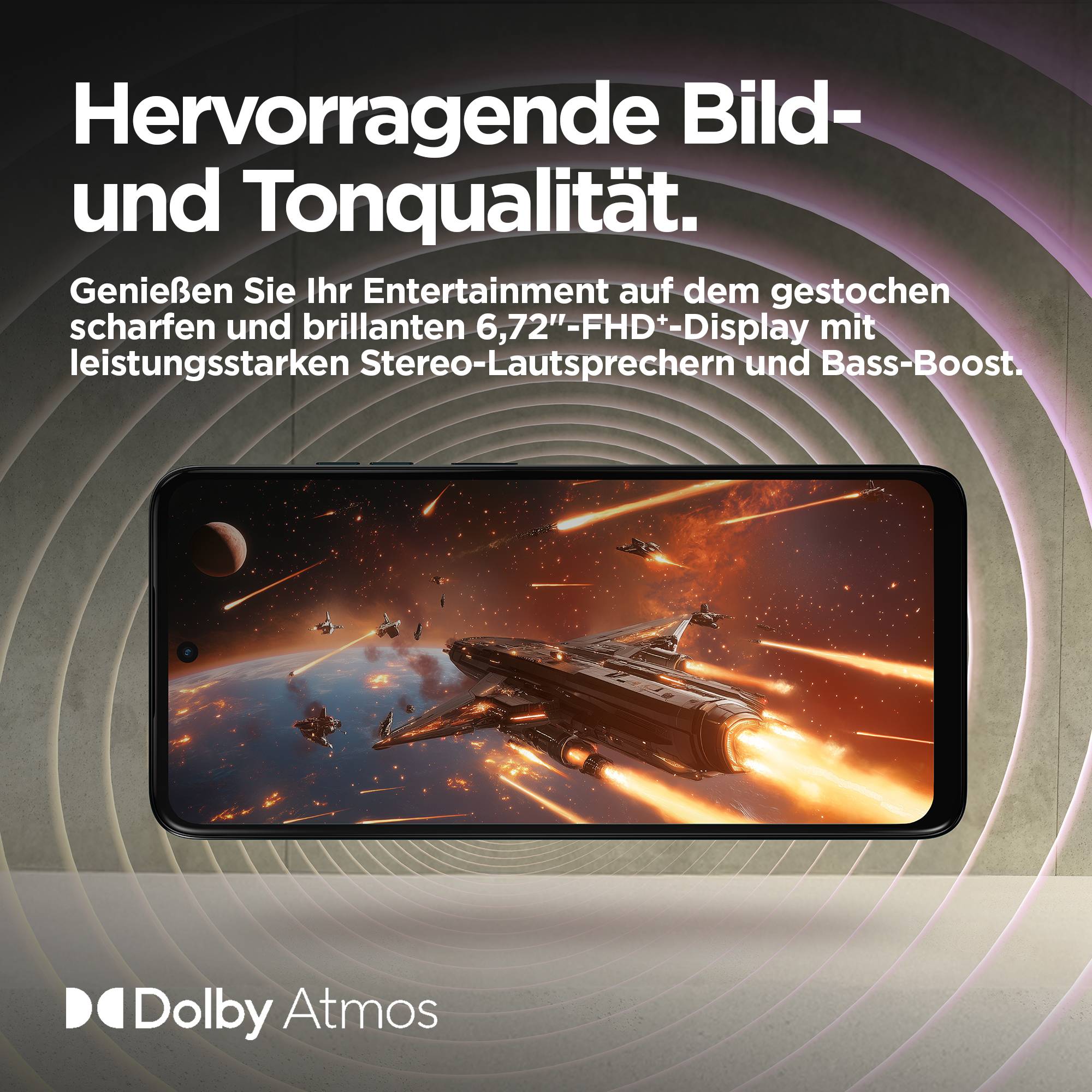Ein Smartphone schwebt in einer galaktischen Szene. Text oben: 'Hervorragende Bild- und Tonqualität'. Unten: Dolby Atmos-Logo.