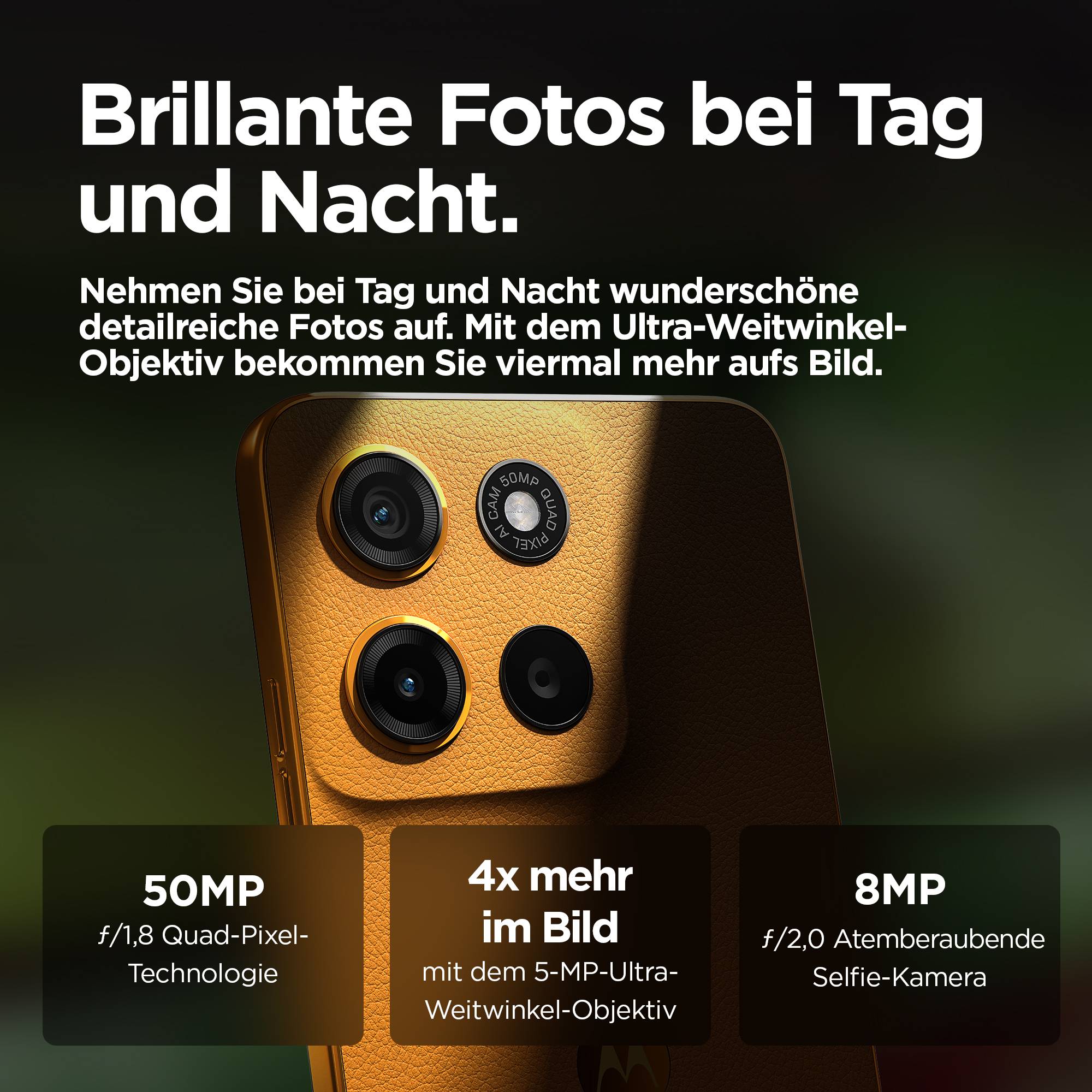 Kamera mit Detailaufnahmen bei Tag und Nacht. Funktionen: 50 MP f/1,8 Hauptkamera, 4x mehr Details, 8 MP Selfie-Kamera.