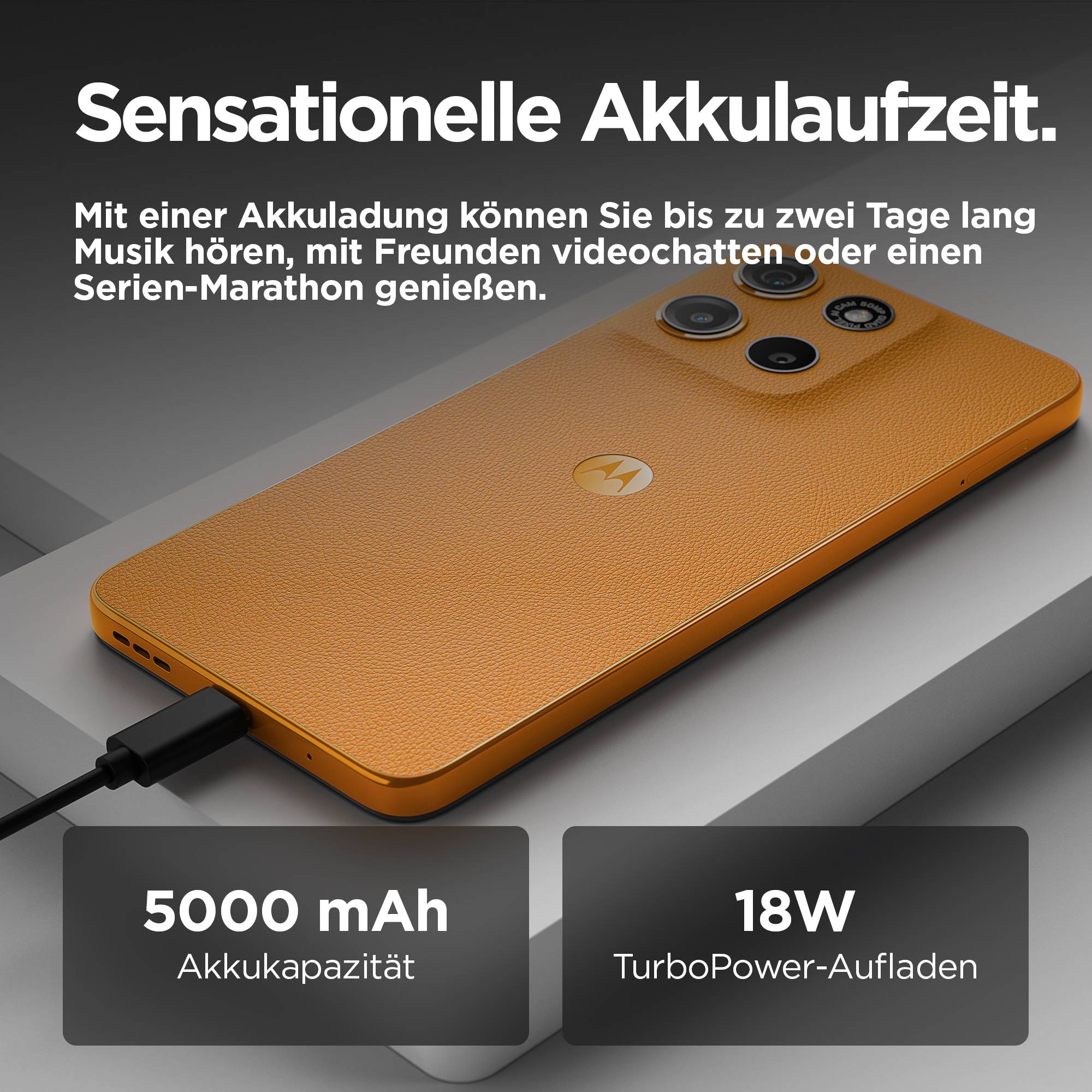 'Sensationelle Akkulaufzeit' Banner zeigt ein orangefarbenes Smartphone in der Seitenansicht und informiert über 5000 mAh und 18W TurboPower-Aufladen.