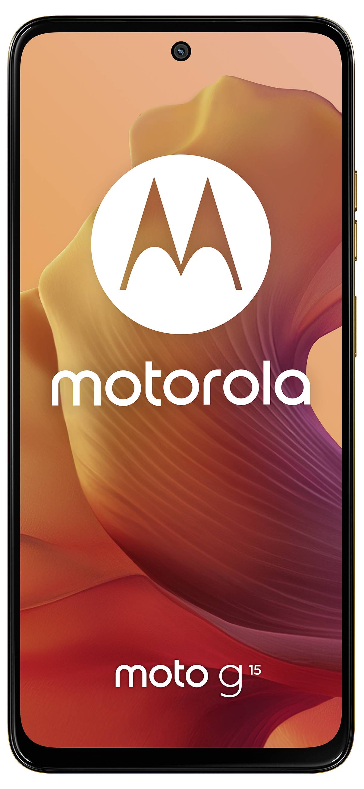 Ein Smartphone mit Motorola-Logo und Modellname 'moto g15' auf dem Bildschirm vor einem orangefarbenen Hintergrund.