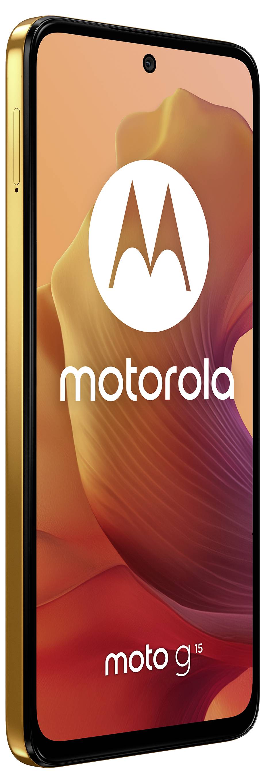 Smartphone 'Moto G15' von Motorola in goldener Farbe, mit prominentem Motorola-Logo auf dem Bildschirm.