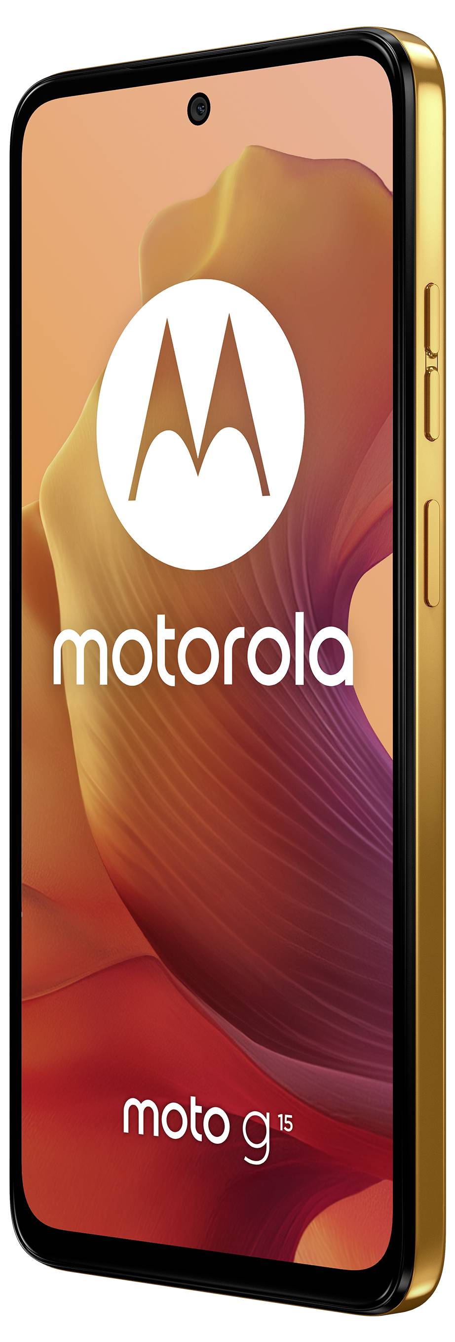 Smartphone in Goldton, zeigt 'Motorola moto g15' mit abstraktem orangefarbenem Hintergrund.