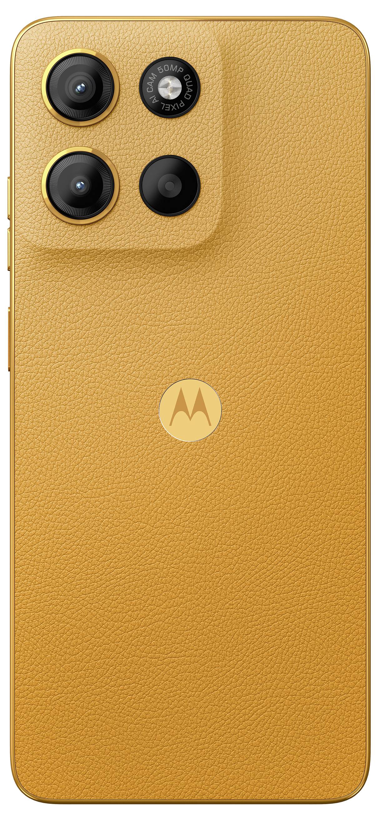 Ein orangefarbenes Smartphone von hinten mit drei Kameralinsen und einem Blitz in der oberen linken Ecke. Oberflächenstruktur ist lederartig.