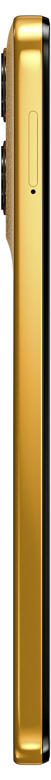 Seitenansicht eines Smartphones in Gold. Das Gerät ist schlank, mit einem hervorstehenden Kamera-Modul und einem seitlichen Knopf.