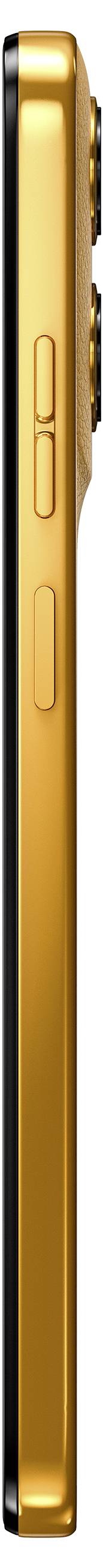 Ein Smartphone in Seitenansicht mit goldener Rückseite und zwei runden Kameraobjektiven oben.