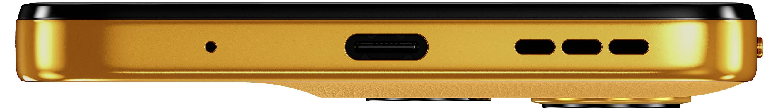 Seitenansicht eines orangefarbenen Smartphones mit schwarzen Akzenten und mehreren Anschlüssen und Tasten auf der Unterseite.