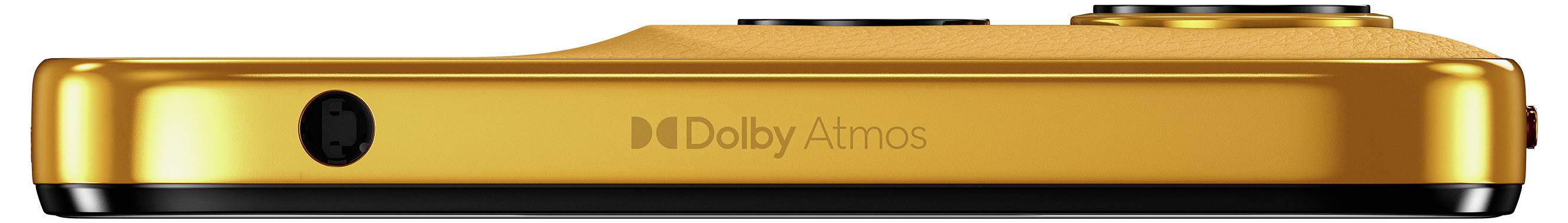 Gelber Audio-Lautsprecher mit seitlichem 'Dolby Atmos'-Logo, hervorgehobene Textur oben und runde Lautstärkeregler sichtbar.