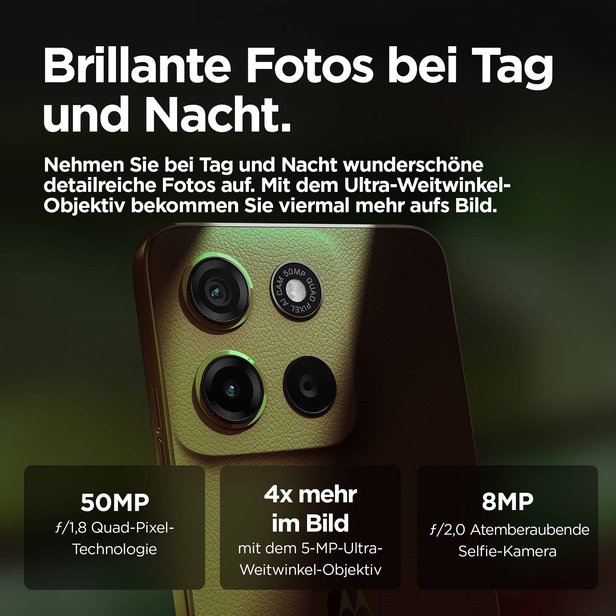 Smartphone-Rückseite mit Kameramodulen und Text zu Kameraeigenschaften: 50 MP, Ultra-Weitwinkel, 8 MP Selfie-Kamera; für detailreiche Fotos.